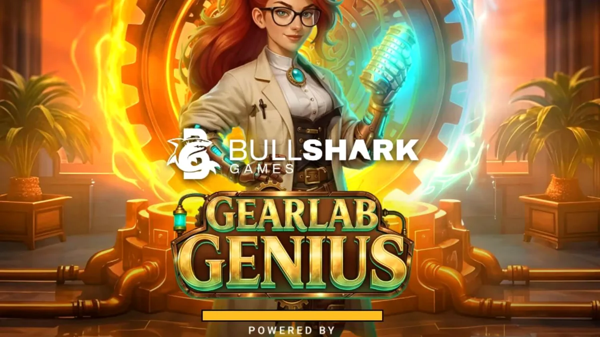 Captura de tela do jogo Gearlab Genius, mostrando a grade 5x4 com símbolos steampunk e engrenagens giratórias em uma oficina de inventor.