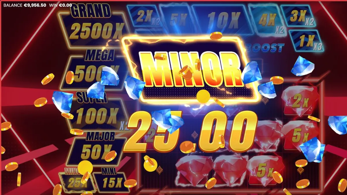 Interface neon do slot Triple Cash Boost com diamantes brilhantes